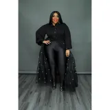 Plus Size Women's Black Pearl Mesh Patchwork Dress