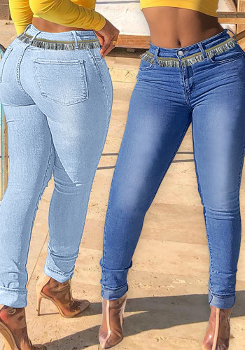 Kadın Kot Pantolonları Streç Yüksek Bel Ham Kenarlı Kot Dar Pantolon