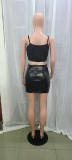 Black Sexy Sequin Strap Crop Tank Top  Pu Leather Skirt Two Piece Set