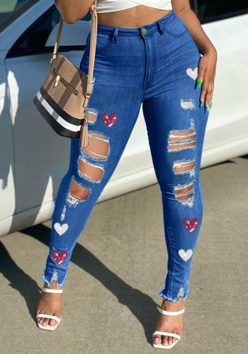 Kadın Trend Ripped Print Denim Pantolon Kadın Jeans