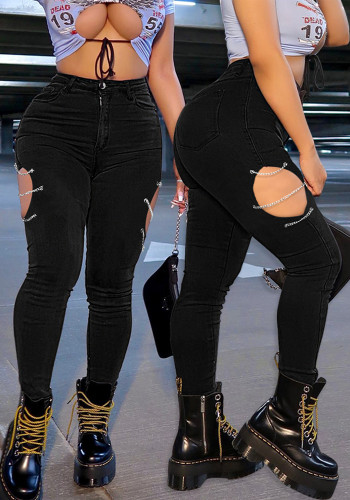 Yırtık Moda Metal Zincir Kot Pantolon Kadın Jeans