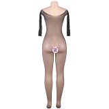 Plus Size Sexy Lingerie Open Crotch One Piece Mesh Women'S See-Through Sexy Stick Rhinestone Mesh Jumpsuit