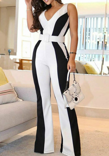 Elegante zwart-wit contrasterende kleur V-hals mouwloze slanke dames jumpsuit (zonder riem)