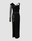 Women'S Black Irregular Pin Long Sleeve Tight Fitting Patchwork Slit Dress