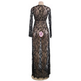 Lingerie Sexy Nightdress Long Sleeve See-Through Lace Dress