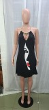 Women's Summer Black Halter Neck Positioning Print Dress