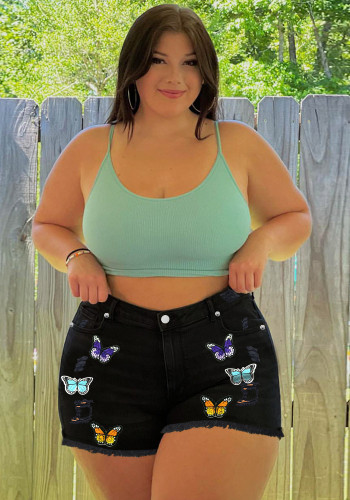 Pantalones cortos de mezclilla con estampado de mariposa estilo callejero para mujer de talla grande