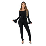 Women Sexy Off Shoulder Bell Bottom SleevesLace-Up Ruched Jumpsuit