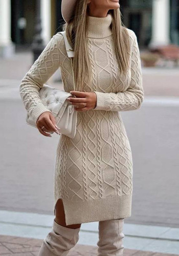 Women Solid Color Long Sleeve Turtleneck Sweater Dress