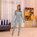 Women Sexy Off Shoulder Bell Bottom SleevesLace-Up Ruched Jumpsuit