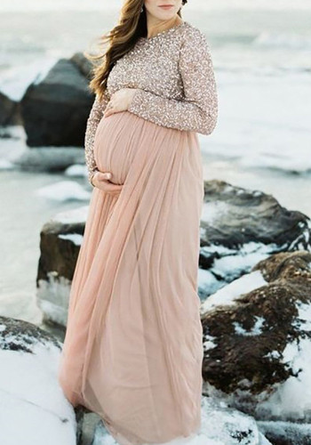Spring Summer Pregnant Mother Pregnant Women Large Sequin Mesh Dress