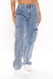 Women's High Waist Elastic Waist Drop Pants Loose Wide Leg Cargo Multi Pocket Denim Pants