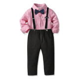 Small and medium-sized children's baby bow tie striped shirt overalls suit Boys performance one-year-old catch week dress suit