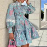Spring Autumn Women's Fashion Chic Long Sleeve High Neck Swing Print Dress