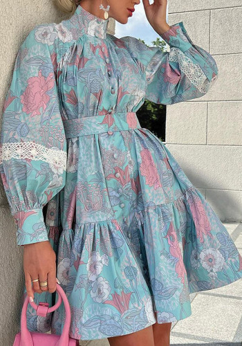 Весенне-осеннее женское модное шикарное платье с длинным рукавом и высоким вырезом с принтом