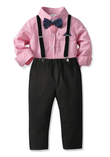 Macacão de camisa listrada de gravata borboleta para crianças pequenas e médias, terno de vestido de semana de captura de um ano de desempenho para meninos