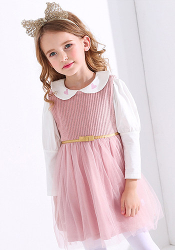Herfst meisjes pak Peter Pan Kraag Basic shirt mesh vest rok zoete kinderen tweedelige prinses jurk