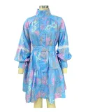 Spring Autumn Women's Fashion Chic Long Sleeve High Neck Swing Print Dress