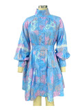 Spring Autumn Women's Fashion Chic Long Sleeve High Neck Swing Print Dress