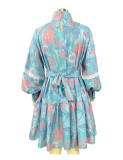 Spring Autumn Women's Fashion Chic Long Sleeve High Neck Swing Print Dress