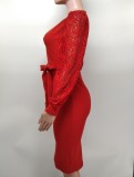 Women'S Fashion Solid Color Lace Lantern Sleeve Slim Midi Bodycon Dress
