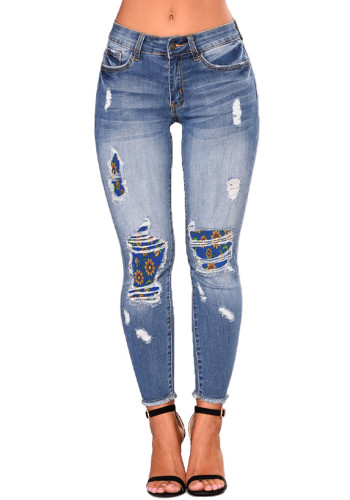 Calça jeans feminina nova moda outono patch rasgado