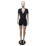 Women'S Solid Style Turndown Collar Pocket Short Sleeve Jumpsuit