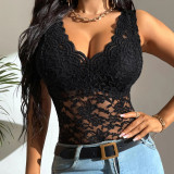 Women'S Autumn And Winter Sexy Solid  V-Neck Lace Tank Top