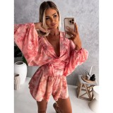 Sexy Print Plunge Neck Long Sleeve Casual Short Jumpsuit