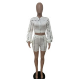 Autumn And Winter Women'S Zipper Long Sleeve Top Elastic Waist Shorts Two Piece Set