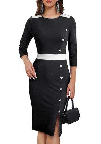 Шикарное лоскутное облегающее облегающее платье миди с цветными блоками и круглым вырезом на пуговицах
