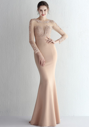 Вечернее платье русалки с длинным рукавом из атласного бисера и кружева в стиле пэчворк