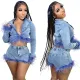 Fall/Winter Casual Denim Suit Fur Edge Fashion Denim Jacket And Shorts Two Piece Set