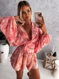 Sexy Print Plunge Neck Long Sleeve Casual Short Jumpsuit