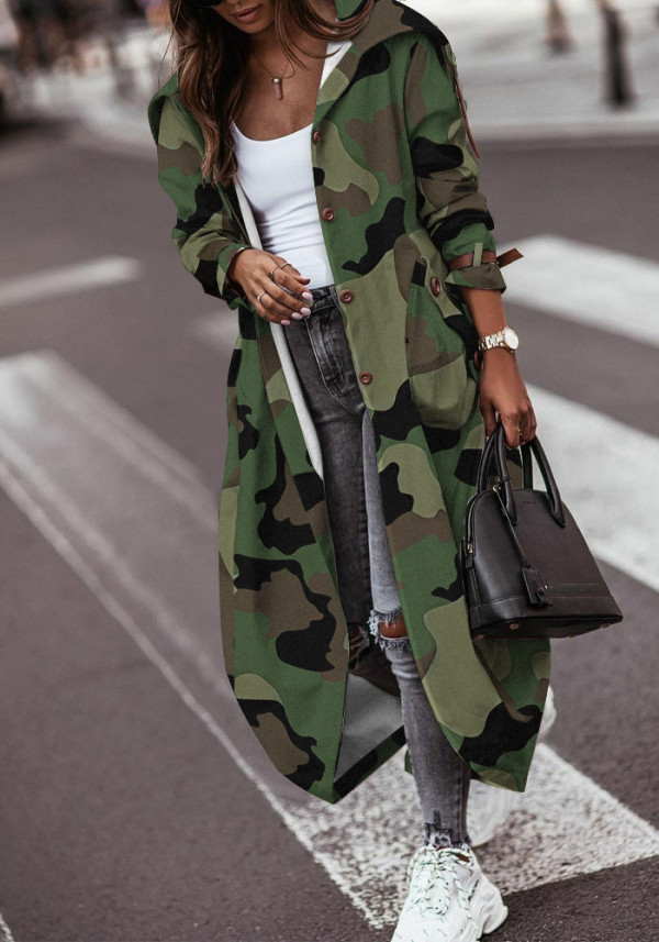 Autumn Winter Fashion Camous Printed Single-Breasted Pockets Long Trench Coat