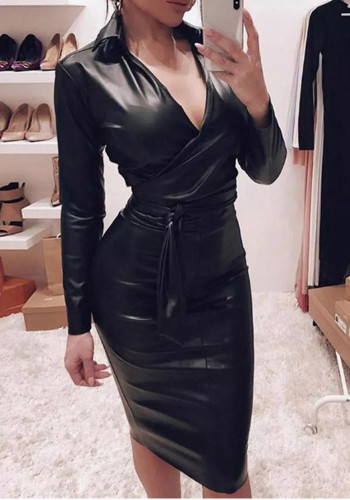 Pu-Leder Langarm Sexy Slim Dress