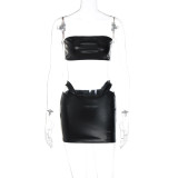 Women'S Autumn Pu Leather Strapless Crop Top Mini Skirt Sexy Two-Piece Set