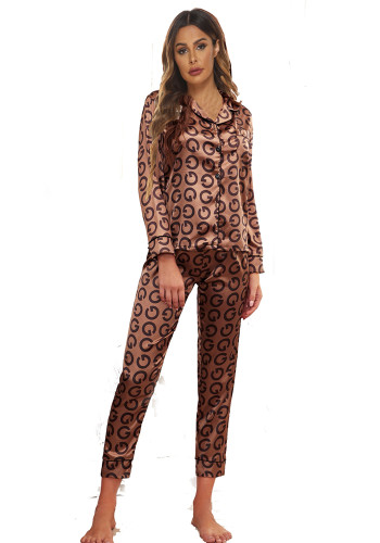 Roupa de casa pijama feminino cetim manga longa camisa e calça duas peças pijama outono