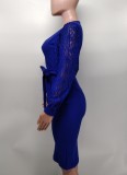 Women'S Fashion Solid Color Lace Lantern Sleeve Slim Midi Bodycon Dress