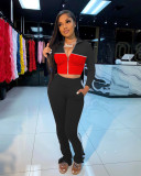 Women'S Solid Patchwork Fashion Sports Casual Two Piece Tracksuit