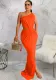 Women'S Sexy Open Waist Slash Shoulder Solid Sleeveless Pleated Maxi Dress