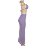 Summer Women'S Sexy Halter Knitting Camisole High Waist Slim Fitted Long Skirt Two Piece Set
