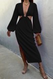 Sexy V-Neck Slim Long Sleeve Slit Midi Dress