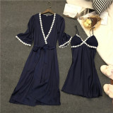 Spring And Summer Sexy Straps Nightdress Long Nightgown Two-Piece Women'S Long Sleeve Pajamas