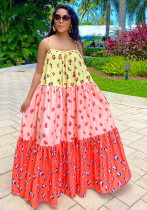 Vestido de columpio de color de contraste con estampado de tirantes sexy de patchwork de verano para mujer