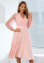 Frauen Sexy V-Ausschnitt Spitze Faltenkleid