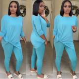 Women Casual Solid Color Long Sleeve Top+ Pant Two Piece Set