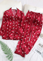 Pijama de manga larga estampado con cuello vuelto fino para mujer de dos piezas