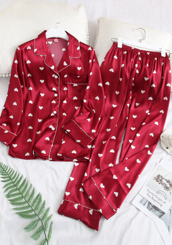 Dünner Umlegekragen bedruckter Langarm-Pyjama für Damen, zweiteilig