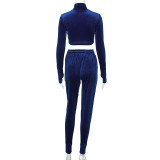 Women Fall  High Collar Zipper Long Sleeve Crop Top+ Pant Two-Piece